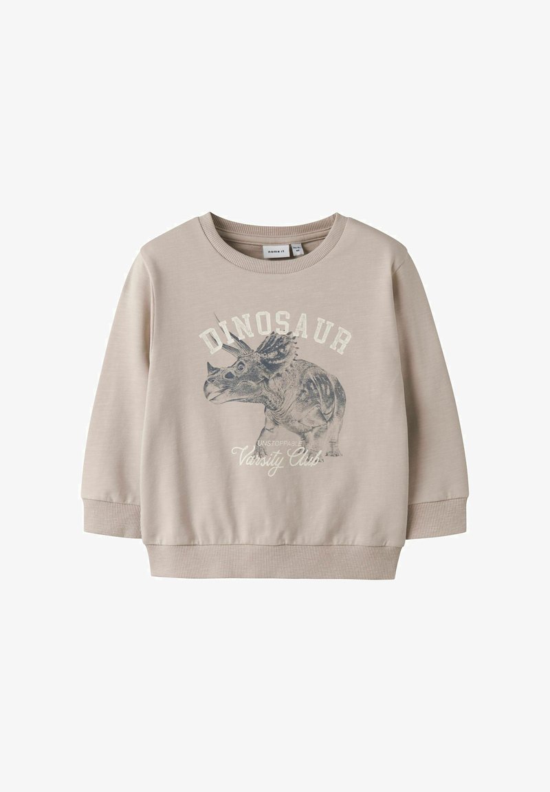 Sweat-shirt beige pour enfants avec un motif de dinosaure tricératops et le texte "DINOSAUR Unstoppable Varsity Club" sur le devant.
