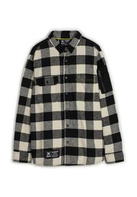 Camisa de franela a cuadros en blanco y negro con botones en el frente, dos bolsillos en el pecho y un bolsillo con cremallera en la manga izquierda. Textura suave.