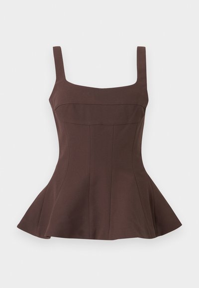 Καφέ αμάνικη μπλούζα πεπλούμ με τετράγωνη λαιμόκοψη και εφαρμοστή σειρά κορσέ, με κάθετες ραφές και φαρδιά τελείωμα.