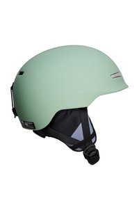 Helm met een matte mintgroene buitenkant, verstelbare zwarte kinband en gevoerde binnenkant. Bevat ventilatieopeningen en heeft een slank ontwerp.