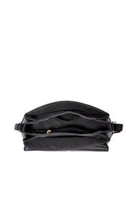 Borsa a tracolla in pelle nera con più scomparti, incluso un'area con zip, con una fodera interna morbida e dettagli in metallo dorato.