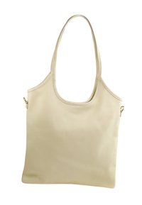 Beige leren schoudertas met een gladde textuur, ronde bovenkant en lange hengsels; voorzien van een enkele accent in goudkleurig metaal.