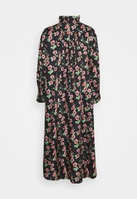 Robe noire à manches longues avec col haut, recouverte d'un motif de fleurs roses et de feuilles vertes, vue de dos sur un fond uni.