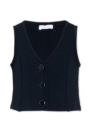 Gilet noir sans manches avec col en V, trois grands boutons ronds noirs sur le devant et une taille cintrée.