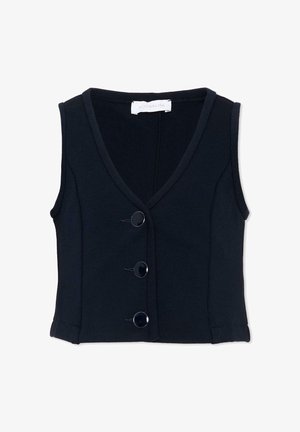 Gilet noir sans manches avec col en V, trois grands boutons ronds noirs sur le devant et une taille cintrée.