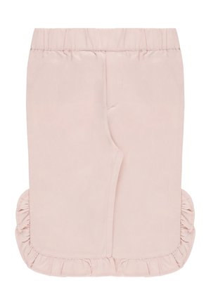 Pantaloncini rosa chiaro per neonati con vita elastica e rifinitura arricciata lungo gli orli delle gambe sul retro.