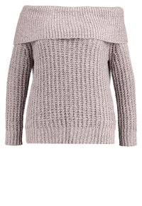 Schulterfreier Strickpullover in Hellgrau mit strukturiertem, geripptem Design und enganliegenden Ärmeln. Verfügt über einen weit geschnittenen Ausschnitt und einen festen Saum.