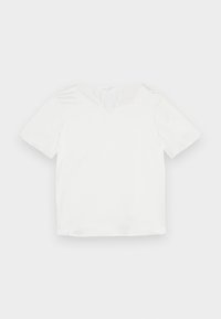 T-shirt bianco a maniche corte realizzato in un tessuto liscio e leggero; presenta un collo rotondo e una piccola apertura a forma di chiave sul retro.