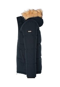 Chaqueta acolchada azul marino con capucha con ribete de piel, con textura suave, bolsillos laterales con cremallera y parche con logo en la manga.