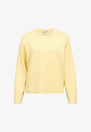 Żółty długi rękaw sweter z okrągłym dekoltem i prążkowanymi wykończeniami, wykonany z miękkiego materiału o gładkiej fakturze. Prosty design w jednolitym kolorze.