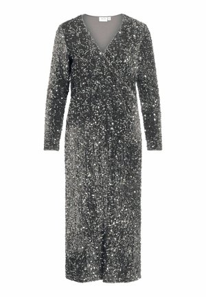 Vestido largo tipo wrap hecho de tejido de lentejuelas en gris oscuro. Presenta mangas largas, escote en V y una superficie texturizada con un efecto brillante.