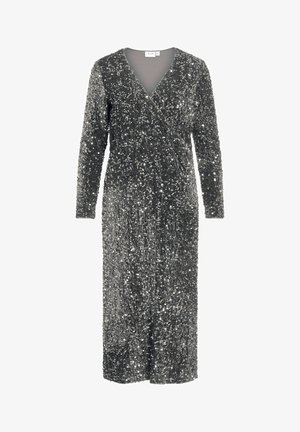 Pika, ümbritseva stiiliga kleit, mis on valmistatud tumehalli sädelevast kangast. Omab pikki varrukaid, V-kujulist kaelust ja tekstureeritud pinda, millel on sädeleva efekti.