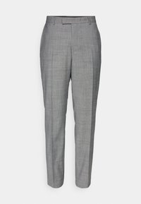 Graue maßgeschneiderte Hose mit einem dezenten Karomuster, geradem Schnitt und glatter Textur, mit flachem Bund und Gürtelschlaufen.