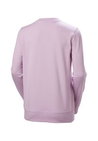 Jasnofioletowy sweter z okrągłym dekoltem ze ściągaczem, długimi rękawami i luźnym krojem. Miękka faktura i minimalne detale szwów na dole.