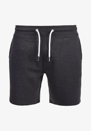 Shorts en coton gris avec taille à cordon et lacets blancs, et deux poches latérales. Texture lisse et longueur au-dessus du genou.