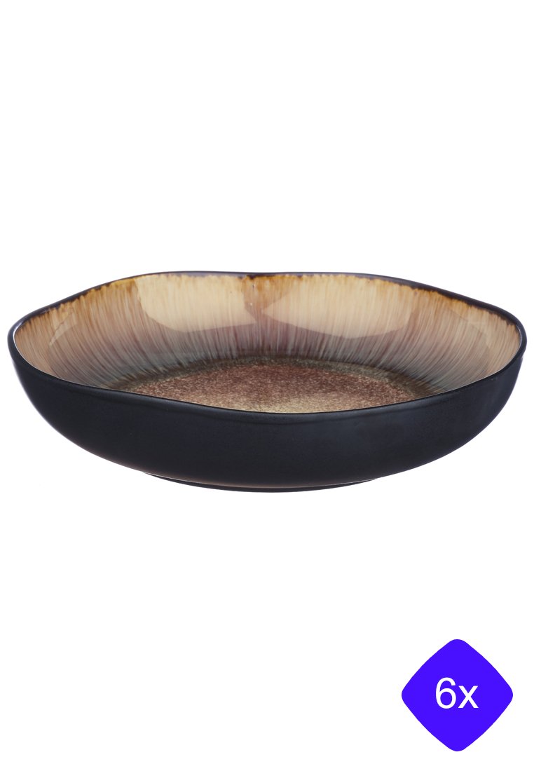 Schwarze Porzellanteller in ovaler Form mit einem strukturierten Rand, der von Beige zu Dunkelbraun im Inneren übergeht. Set aus sechs Stück.