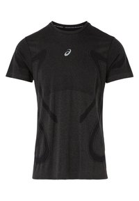 Short-sleeve athletic T-shirt in dark gray, featuring a textured fabric, black accents, and a reflective logo on the chest.
