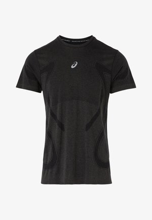 Lyhythempihihainen urheilupaita tummanharmaana, jossa on teksturoitu kangas, mustat yksityiskohdat ja heijastava logo rinnassa.