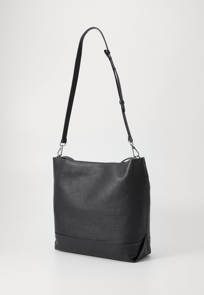 Black leather shoulder bag with a textured surface, rectangular shape, adjustable strap, and subtle stitching detail at the bottom.