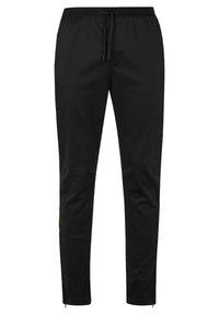 Schwarze Jogginghosen aus glattem Stoff, mit einem elastischen Bund und einem Kordelzug, schmal zulaufenden Beinen und Reißverschlüssen an den Säumen.