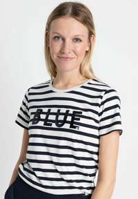 Striped cotton t-shirt featuring navy and white horizontal stripes, round neckline, and sequined "BLUE" text on the front. Short sleeves.