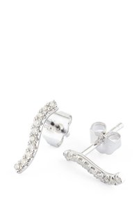 Sudraba auskari ar zeltītām viļņu formām, dekorēti ar caurspīdīgiem rhinestones gar priekšējo malu, ar gludu tekstūru un pulētu apdari.