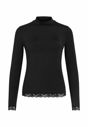 Black long-sleeve top featuring a high mock neck and lace trim at the waist and sleeve cuffs, made from a smooth, stretch fabric.
