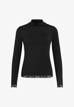 Sort bluse med lange ærmer, høj falsk hals og blonderkant ved talje og ærmespidser, lavet af blødt, strækbart materiale.