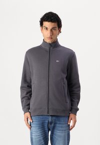 Felpa grigia con zip e colletto alto, due tasche frontali e polsini a coste. Presenta un piccolo logo brandizzato sul petto.