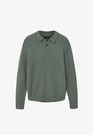 Herre langærmet grøn strikket polo sweater med krave og to-knaps slids samt ribstrikkede manchetter og kant.