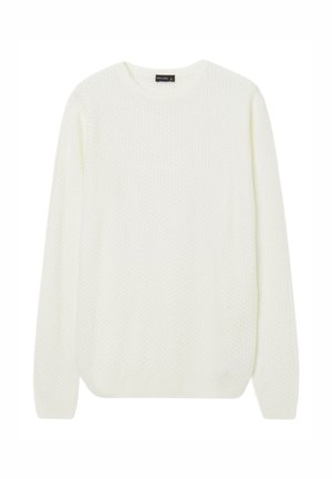 Maglione bianco lavorato a maglia con un motivo testurizzato, scollo rotondo e maniche lunghe. Presenta un orlo dritto e un tessuto morbido e leggero.
