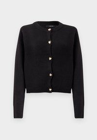 Μαύρο πλεκτό ζακέτα με μακριά μανίκια, στρογγυλή λαιμόκοψη και χρυσά κουμπιά σε σχήμα καρδιάς κατά μήκος του μπροστινού μέρους. Μαλακή υφή, cropped σχεδιασμός.