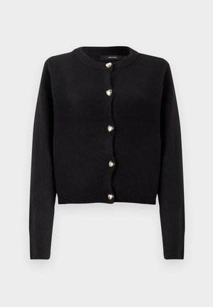 Cardigã de malha preta com mangas compridas, decote arredondado e botões dourados em forma de coração na parte da frente. Textura macia, design curto.