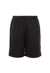 Shorts noirs mi-longueur avec ceinture élastique et poches latérales, présentés sur un fond blanc.