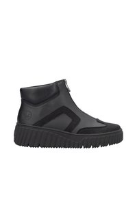 Bottines noires avec un mélange de cuir lisse et de tissu texturé, fermeture éclair, et une semelle épaisse cannelée avec un motif.