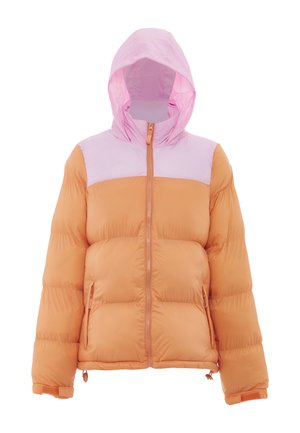 Giacca imbottita bicolore con cappuccio staccabile, corpo pesca, spalle rosa chiaro, zip frontale e tasche laterali con zip.