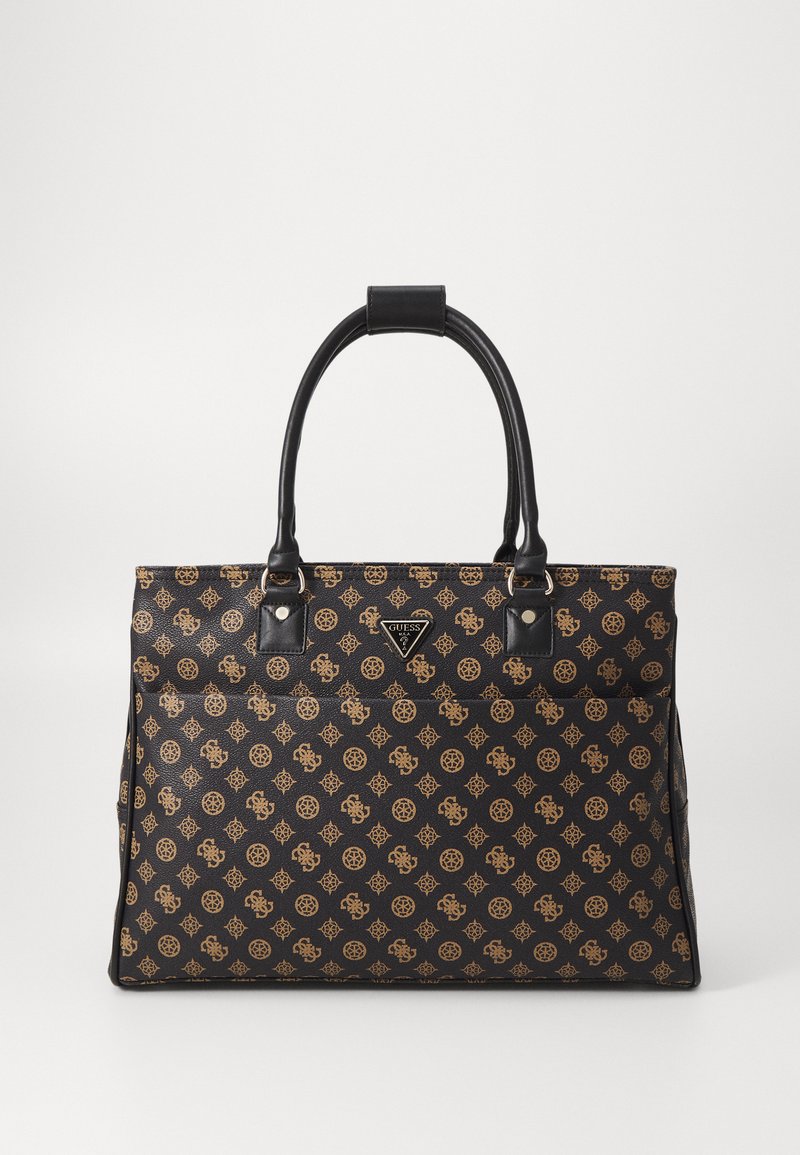 Black handbag with a textured finish, featuring a repeating gold pattern, dual top handles, and a logo accent. Structured tote design.