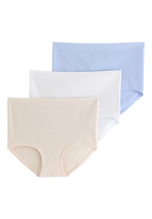 Tre par sømløse bomuldsunderbukser til kvinder i beige, hvid og lyseblå, placeret overlappende på en hvid baggrund.
