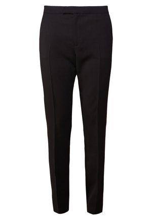 Mustat räätälöidyt slim fit -malliset juhlahousut, joissa vyötärönauha ja taitokset kunkin lahkeen etuosassa.