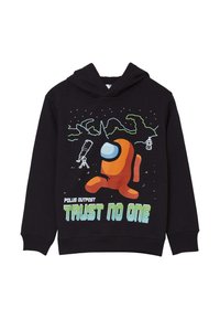 Felpa con cappuccio nera con un personaggio dei cartoni animati arancione e la scritta "Non fidarti di nessuno". Presenta un design a tema galassia e colori vivaci.