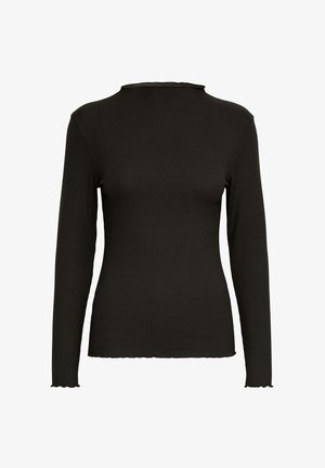 Črn rebrast dolg rokav top z visokim ovratnikom in valovitimi robovi. Narejen iz raztegljive tkanine za prilega silhueto.
