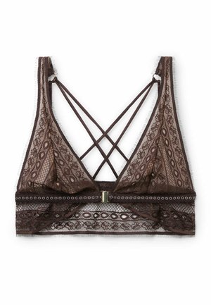 Braunes Spitzen-Bralette mit filigranen floralen und geometrischen Mustern, verstellbaren doppelten Schulterriemen, die sich am Rücken kreuzen, und einem vorderen Verschluss.