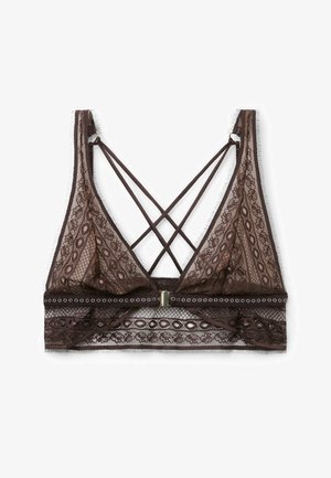 Braunes Spitzen-Bralette mit filigranen floralen und geometrischen Mustern, verstellbaren doppelten Schulterriemen, die sich am Rücken kreuzen, und einem vorderen Verschluss.