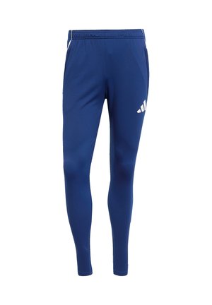 Blauwe sportieve broek van rekbare stof, met een aansluitend ontwerp, elastische tailleband en witte logodetail op de linkerdij.