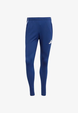 Blue athletic pants made of stretchy fabric, featuring a fitted design, elastic waistband, and white logo detail on the left thigh.