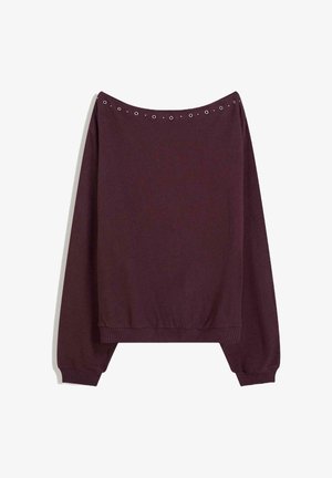 Sweatshirt burgund cu un design off-the-shoulder, cu mansete și tiv în relief, având eyelet-uri argintii pe decolteu. Textură moale.