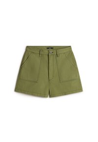 Olive green shorts made from cotton with a smooth texture. Features two front pockets and a button closure. Straight cut design.
