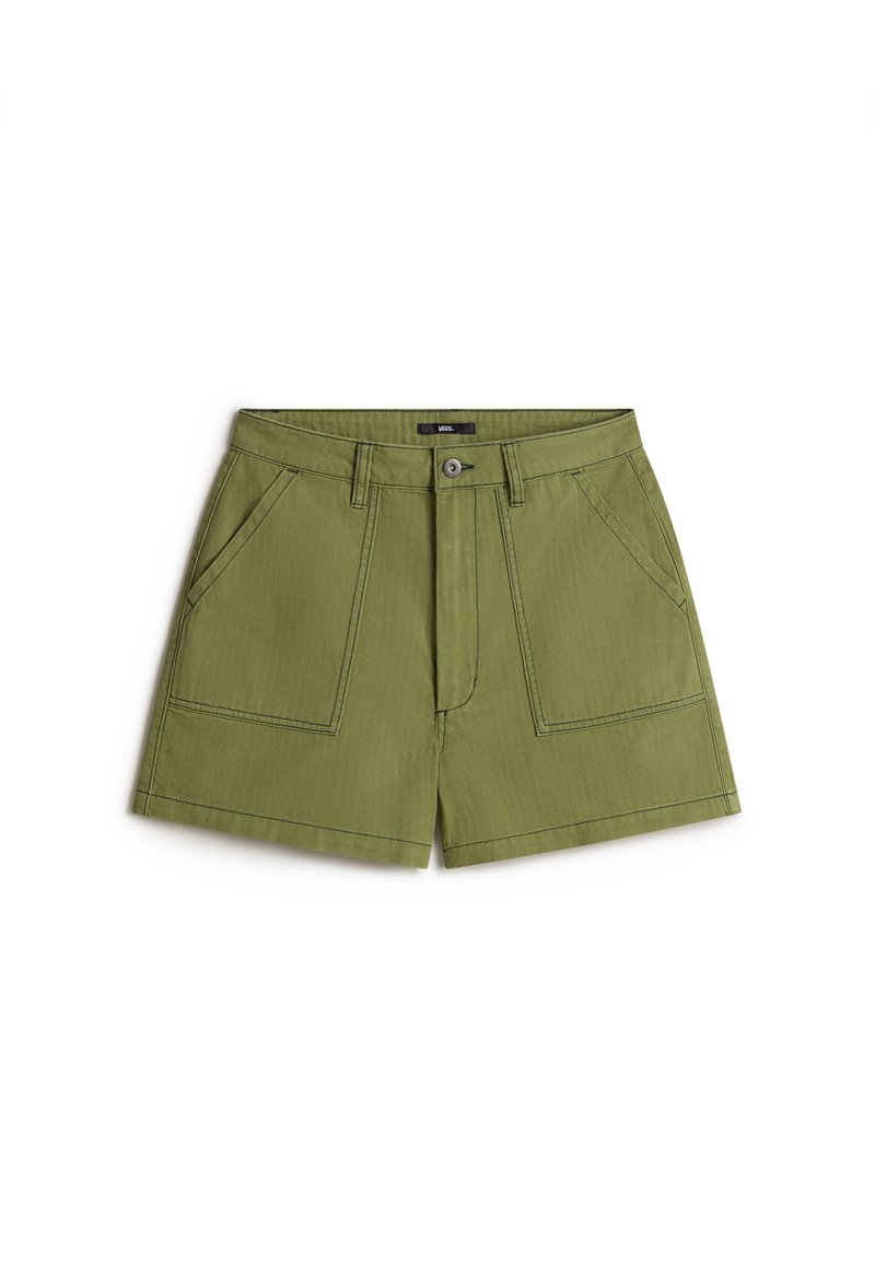 Olive green shorts made from cotton with a smooth texture. Features two front pockets and a button closure. Straight cut design.