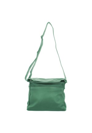 Grüne Leder-Umhängetasche mit Reißverschluss, Einzelriemen und Fronttasche. Glatte Textur und schlichtes, strukturiertes Design.