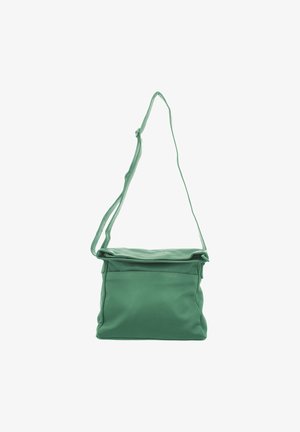 Green leather shoulder bag with a zip closure, single strap, and a front pocket. Smooth texture and simple structured design.